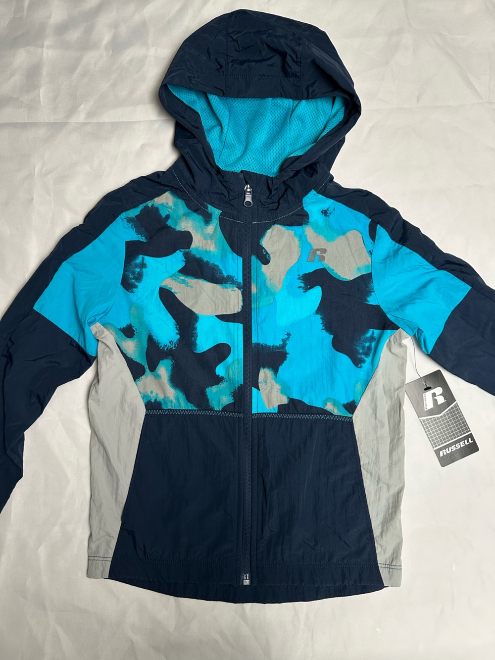 Russell Athletic Navy, Aqua & Tan Camo Kids zip up lightweight coat - reflective